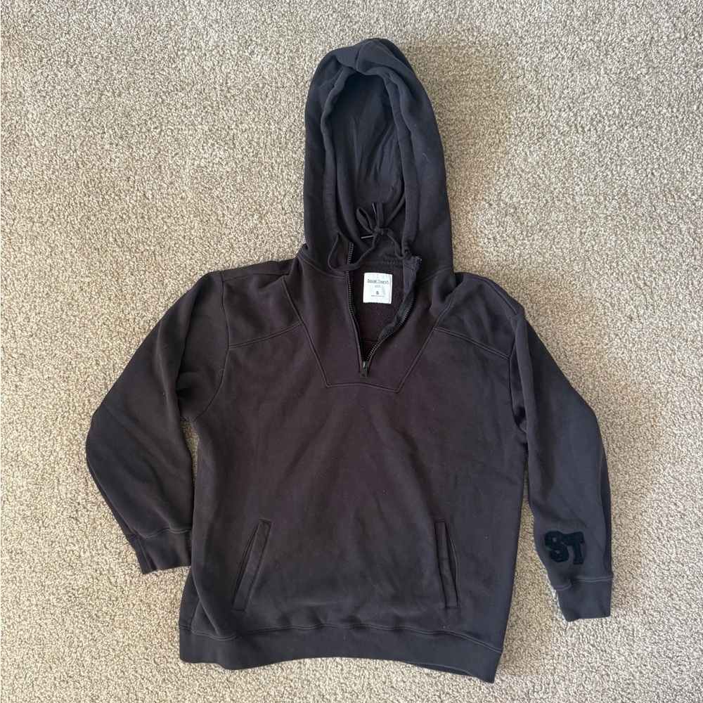 Social Tourist Black Half-Zip Hoodie ST Sleeve Logo Fleece Size Small